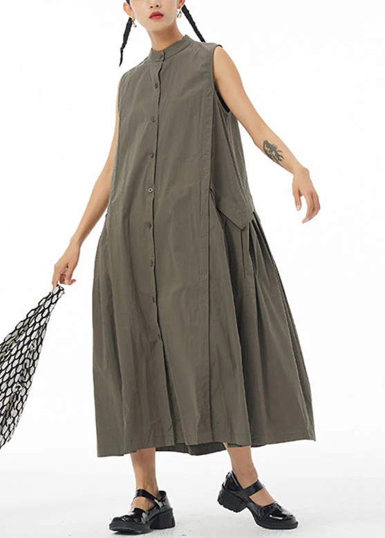 Green Wrinkled Solid Long Shirt Dress Sleeveless - Image 2