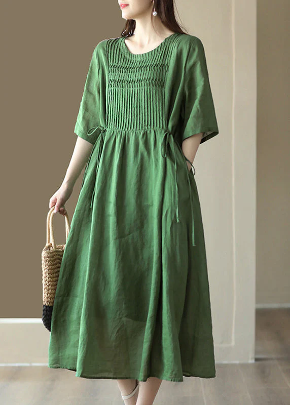 Green Wrinkled Tie Waist Linen Maxi Dress Short Sleeve - Image 2