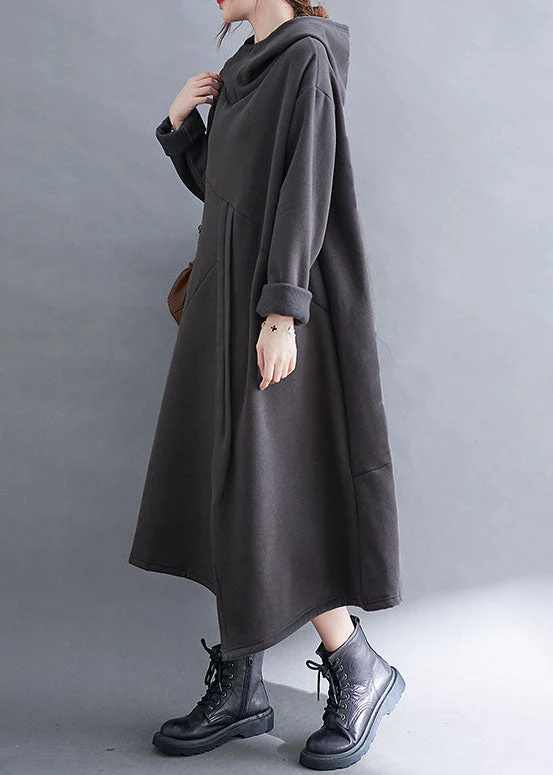 Grey asymmetrical design Warm Fleece Long Dresses Hooded Winter - Image 3