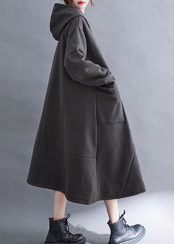 Grey asymmetrical design Warm Fleece Long Dresses Hooded Winter - Image 4