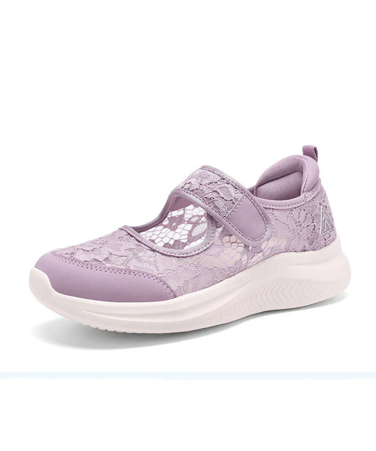 Grey Brown Lace Breathable Mesh Flat Shoes Splicing Buckle Strap - Image 3