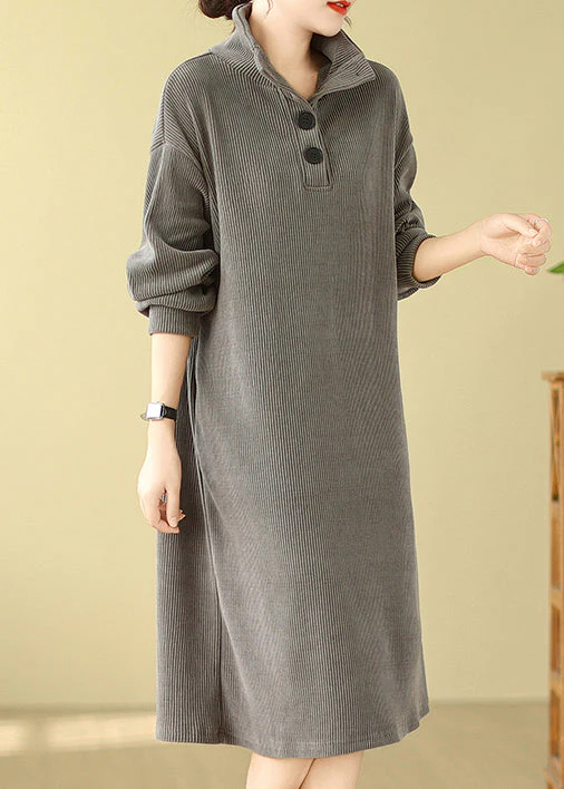 Grey Button Plus Size Simple Corduroy Mid Dress Hign Neck Fall - Image 4