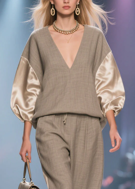 Grey Elastic Waist Silk Patchwork Two Piece Set V Neck Batwing Sleeve - Image 2