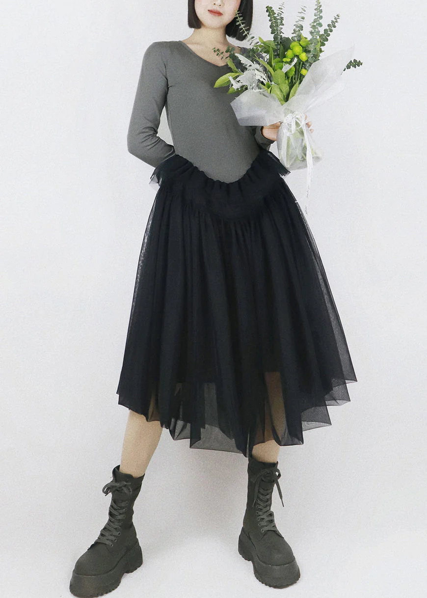 Grey False Two Pieces Tulle Patchwork Cotton Fall Dresses V Neck - Image 3