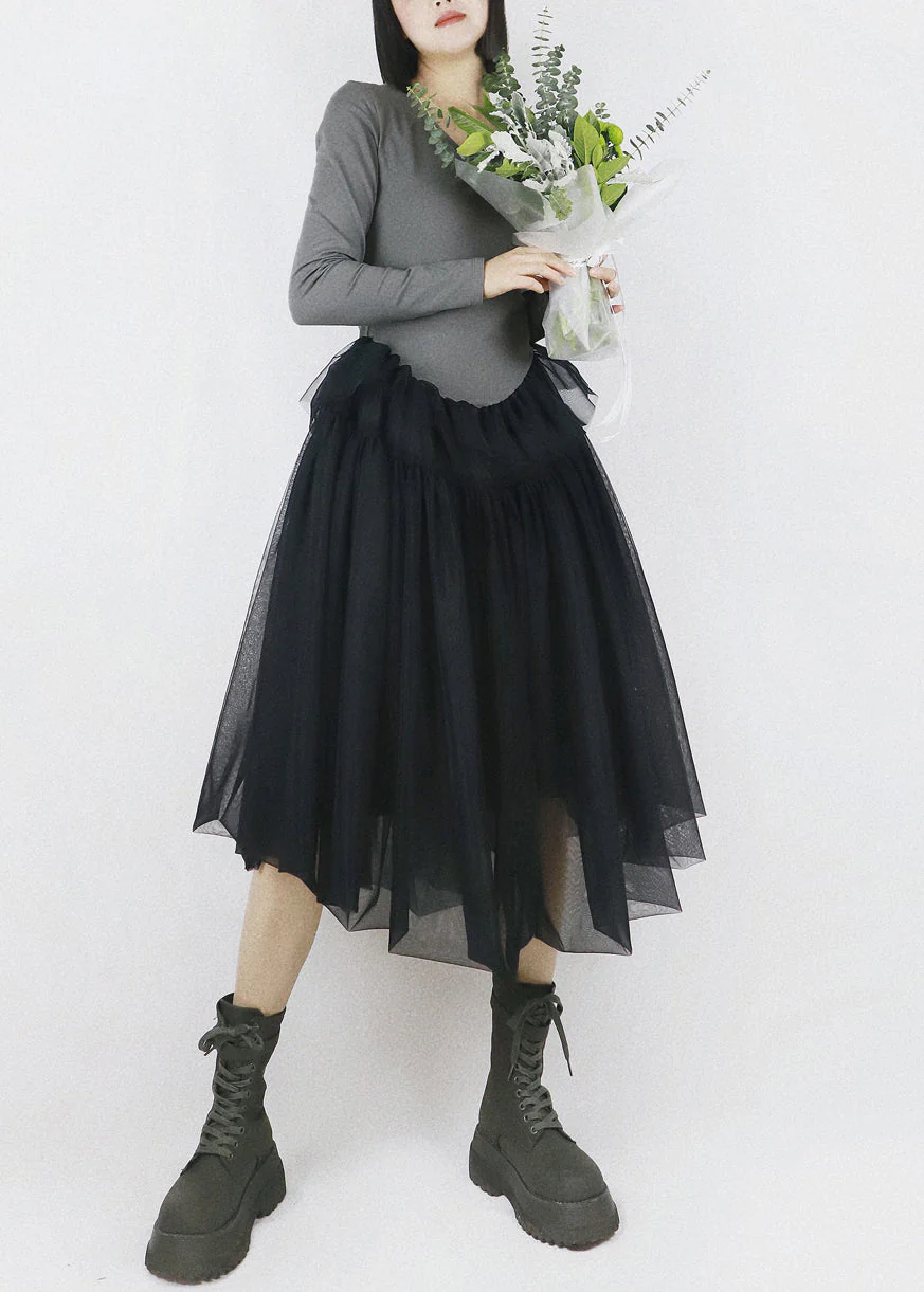 Grey False Two Pieces Tulle Patchwork Cotton Fall Dresses V Neck - Image 4