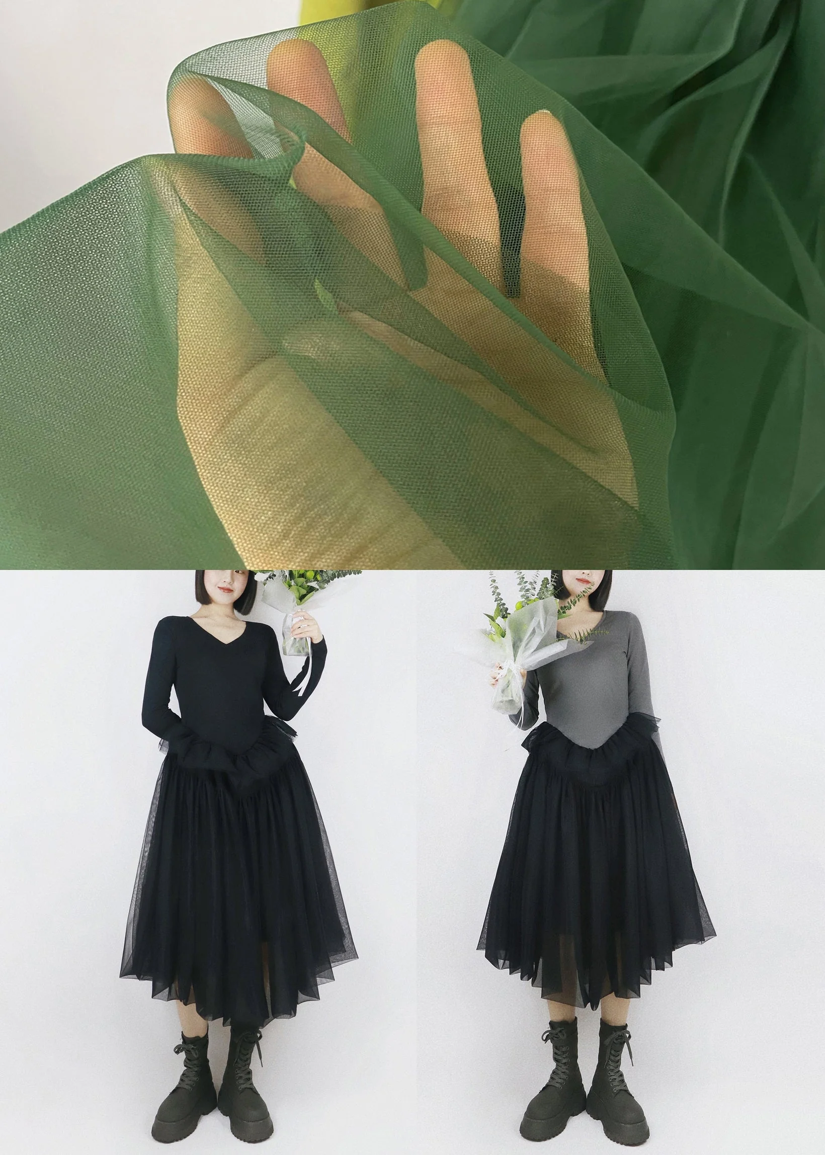 Grey False Two Pieces Tulle Patchwork Cotton Fall Dresses V Neck - Image 5