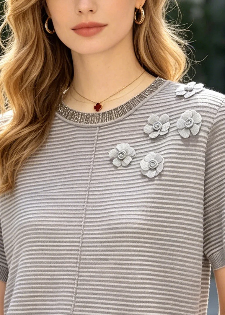 Grey Flower Knit Shirts O-Neck Wrinkled Summer - Image 2