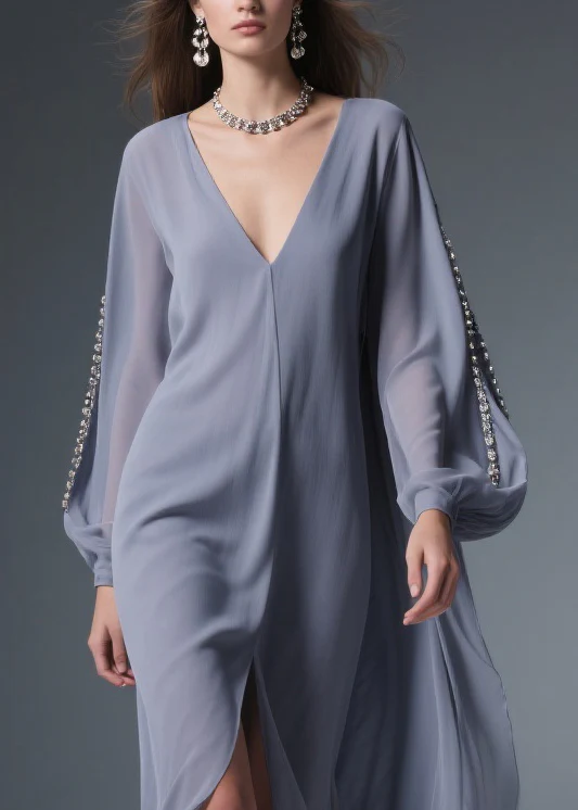 Grey Front Open Solid Chiffon Long Dresses V Neck Spring - Image 2