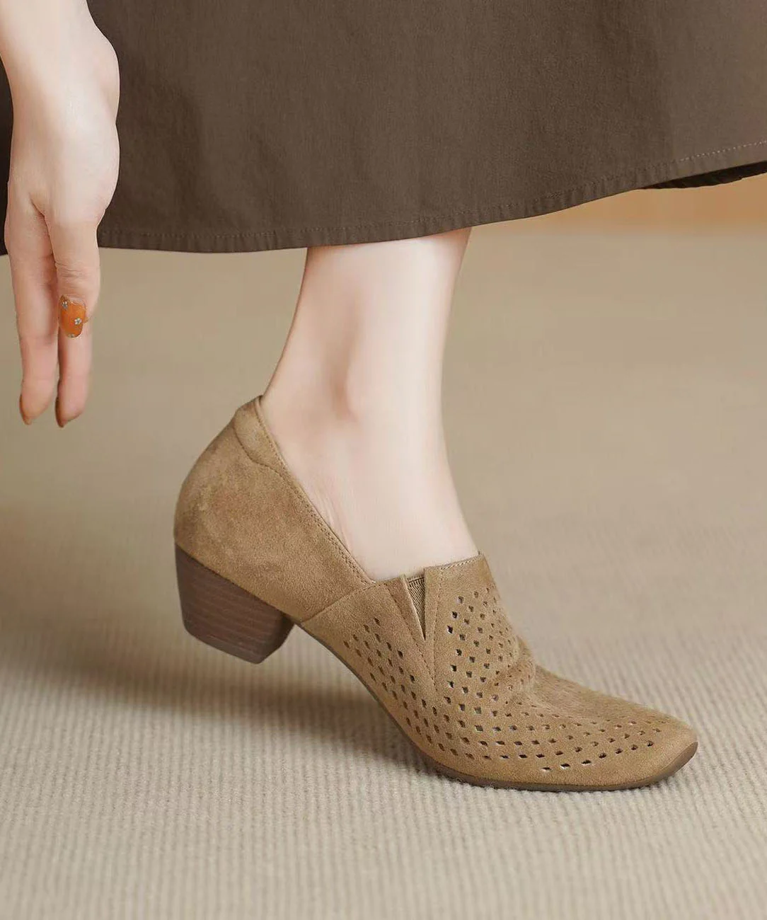 Grey Hollow Out Chunky Shoes Suede Boutique Splicing - Image 2