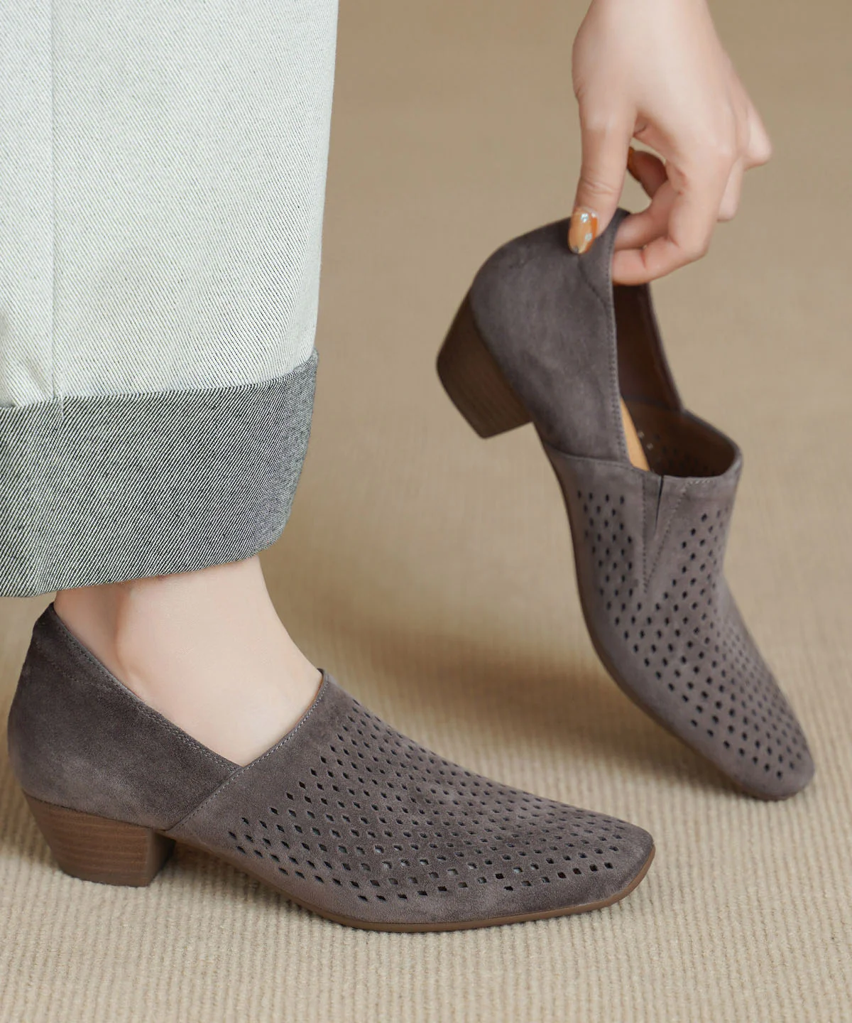 Grey Hollow Out Chunky Shoes Suede Boutique Splicing - Image 3
