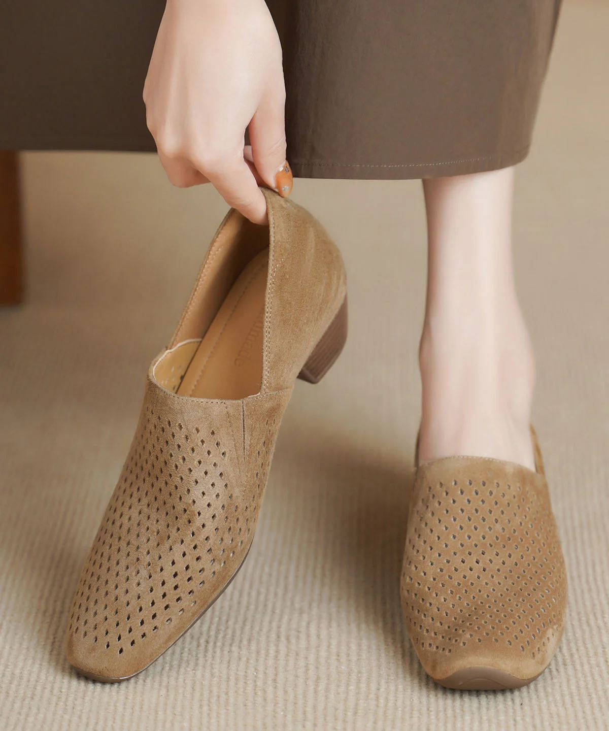 Grey Hollow Out Chunky Shoes Suede Boutique Splicing - Image 4