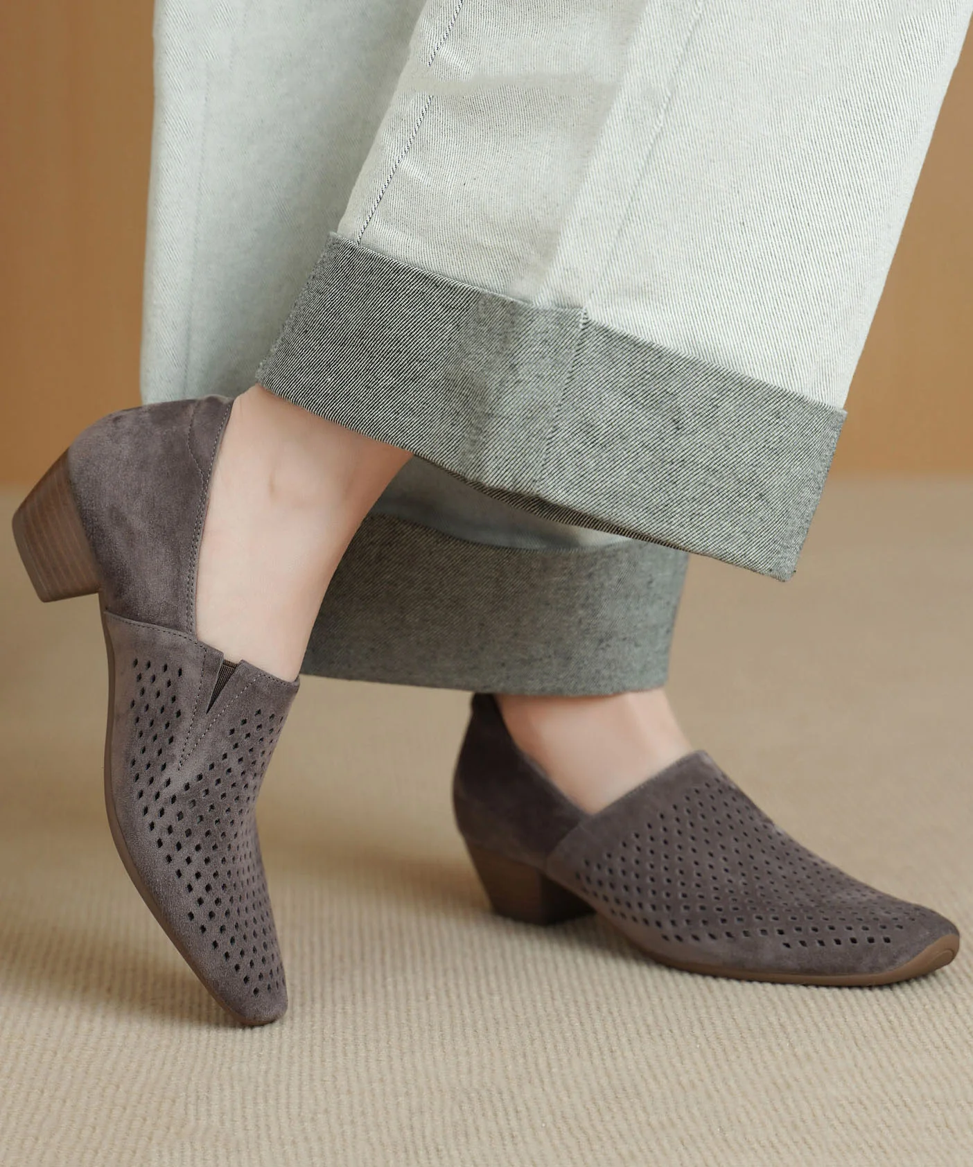 Grey Hollow Out Chunky Shoes Suede Boutique Splicing - Image 5