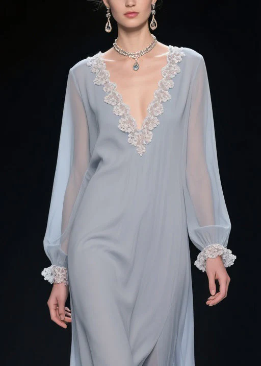Grey Lace Solid Chiffon Long Dress V Neck Butterfly Sleeve - Image 2