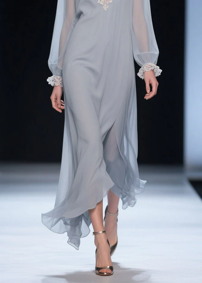 Grey Lace Solid Chiffon Long Dress V Neck Butterfly Sleeve - Image 4