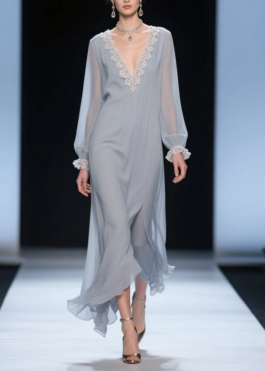 Grey Lace Solid Chiffon Long Dress V Neck Butterfly Sleeve - Image 5