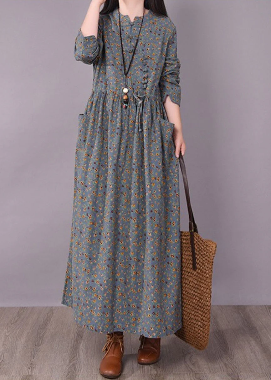 Grey Linen A Line Dresses Tie Waist Cinched Pocket Long Sleeve - Image 2