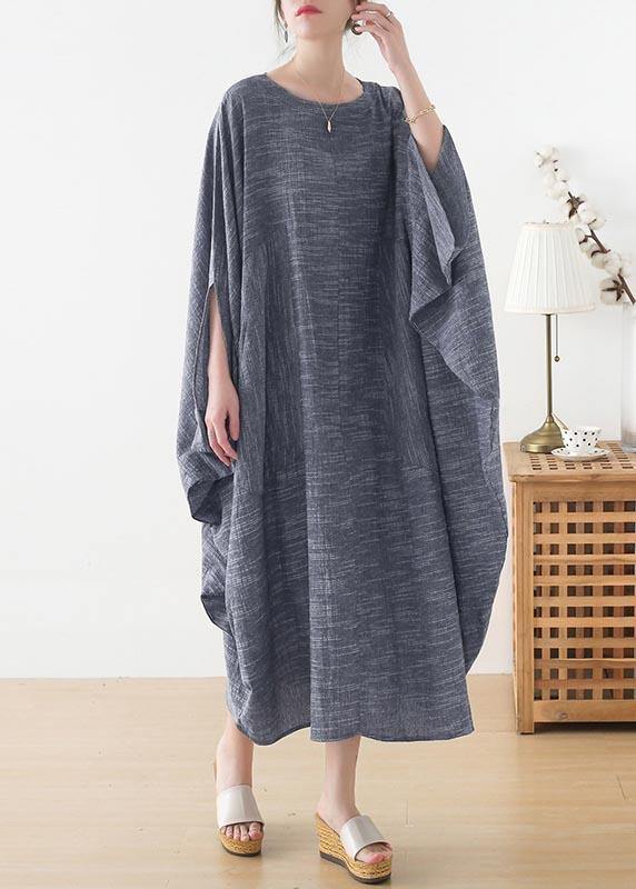 Grey O-Neck Bat Sleeve Large Spring Summer Cotton Dress - Image 3