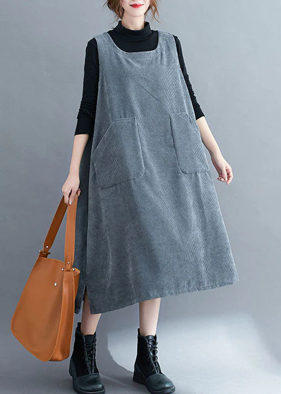 Grey O-Neck Corduroy Long Sweatshirts Dress Fall - Image 2