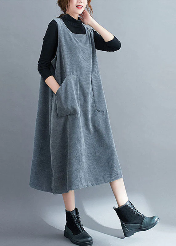 Grey O-Neck Corduroy Long Sweatshirts Dress Fall - Image 3
