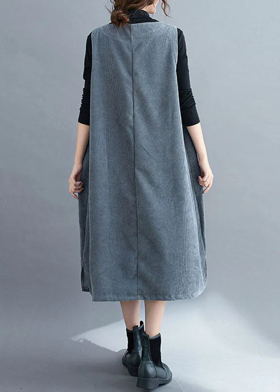 Grey O-Neck Corduroy Long Sweatshirts Dress Fall - Image 4