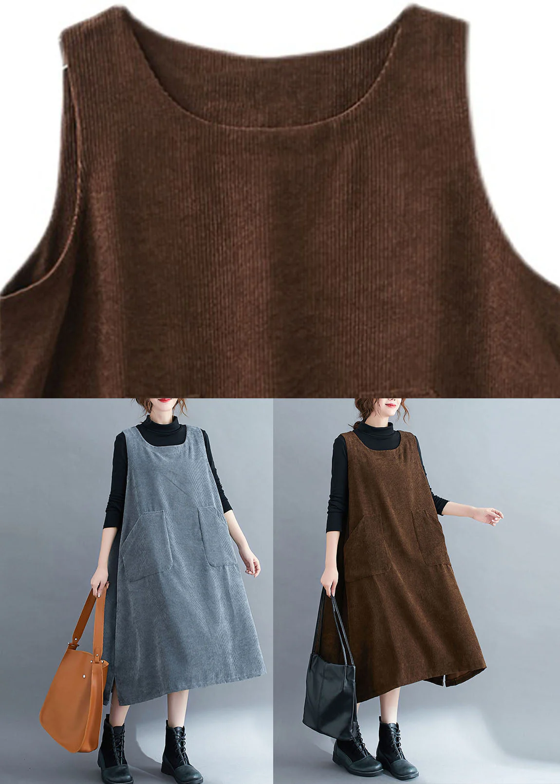 Grey O-Neck Corduroy Long Sweatshirts Dress Fall - Image 5