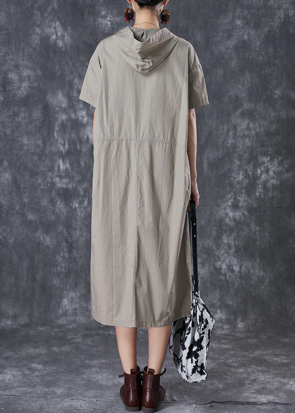 Grey Oversized Cotton Loose Sweatshirt Dress Hooded Pockets Summer - Image 4