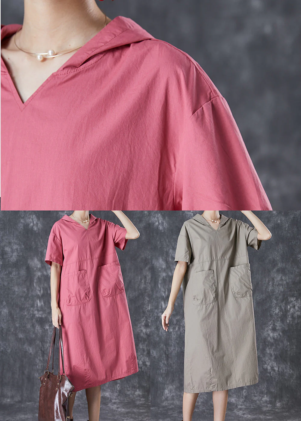 Grey Oversized Cotton Loose Sweatshirt Dress Hooded Pockets Summer - Image 5