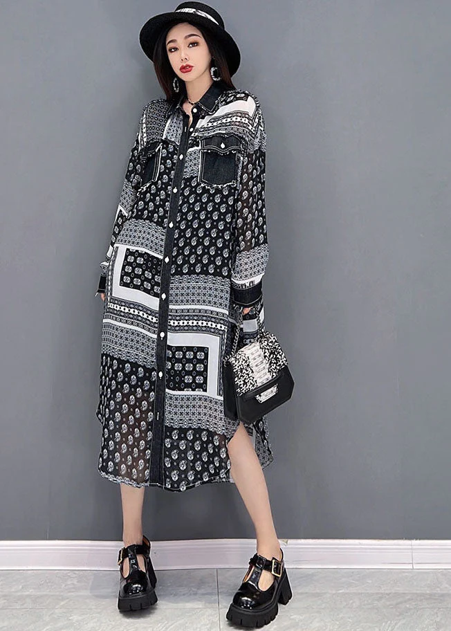 Grey Patchwork Chiffon Vacation Dress Low High Design Pockets Long Sleeve - Image 3