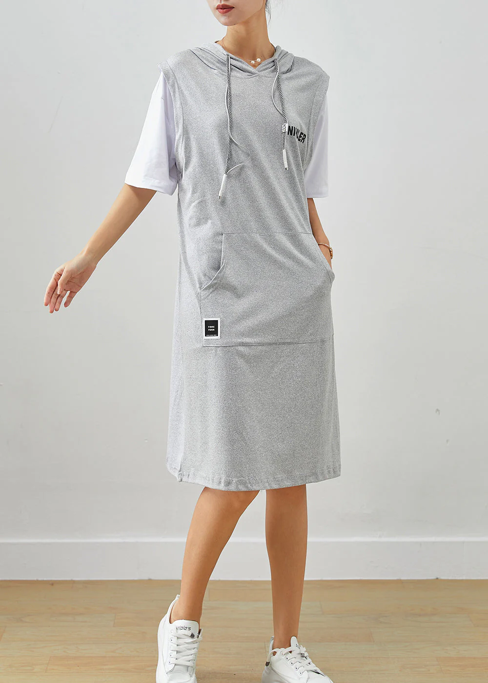 Grey Patchwork Cotton Fake Two Piece Sweatshirts Dress Drawstring Summer - Image 2