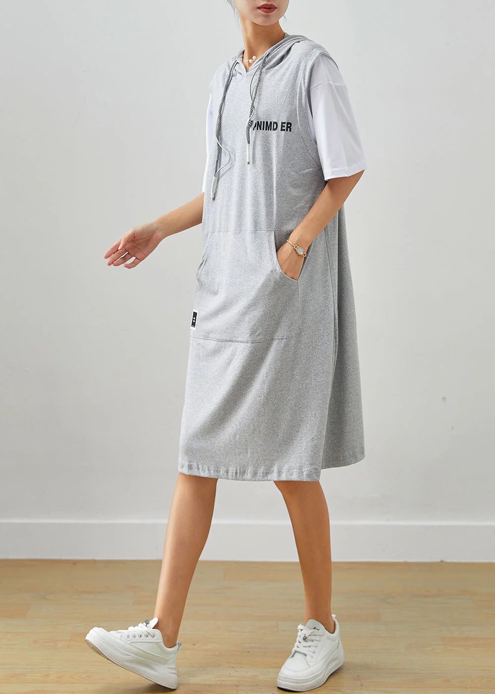 Grey Patchwork Cotton Fake Two Piece Sweatshirts Dress Drawstring Summer - Image 3