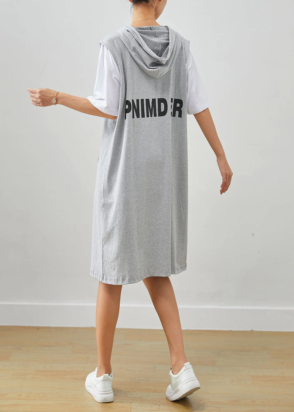 Grey Patchwork Cotton Fake Two Piece Sweatshirts Dress Drawstring Summer - Image 4