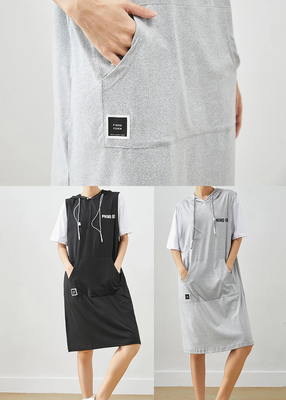 Grey Patchwork Cotton Fake Two Piece Sweatshirts Dress Drawstring Summer - Image 5