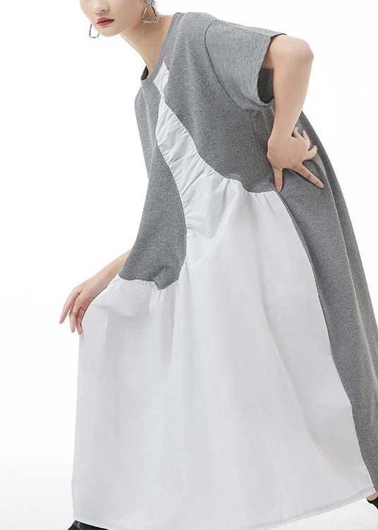 Grey Patchwork Holiday Dress Oversized Short Sleeve - Image 3