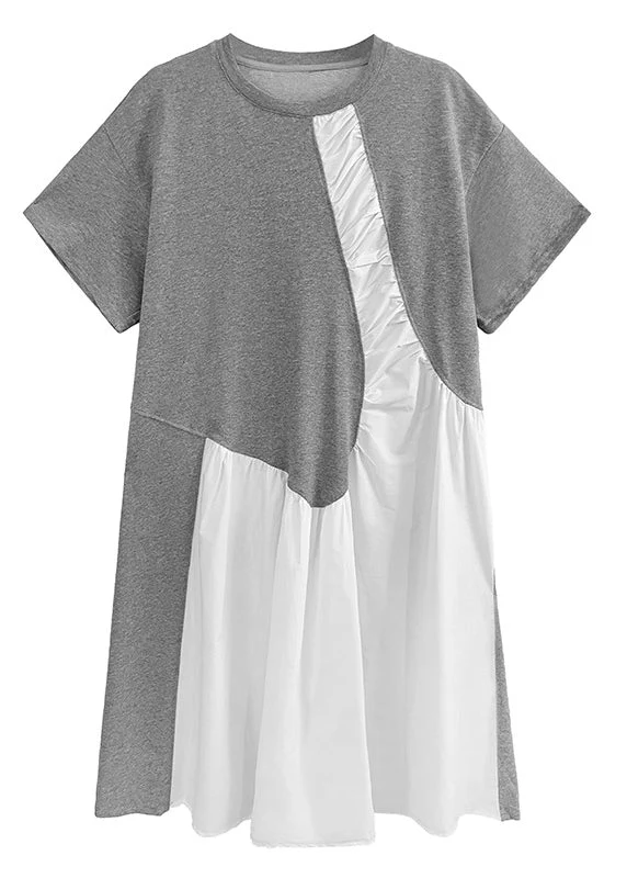 Grey Patchwork Holiday Dress Oversized Short Sleeve - Image 4