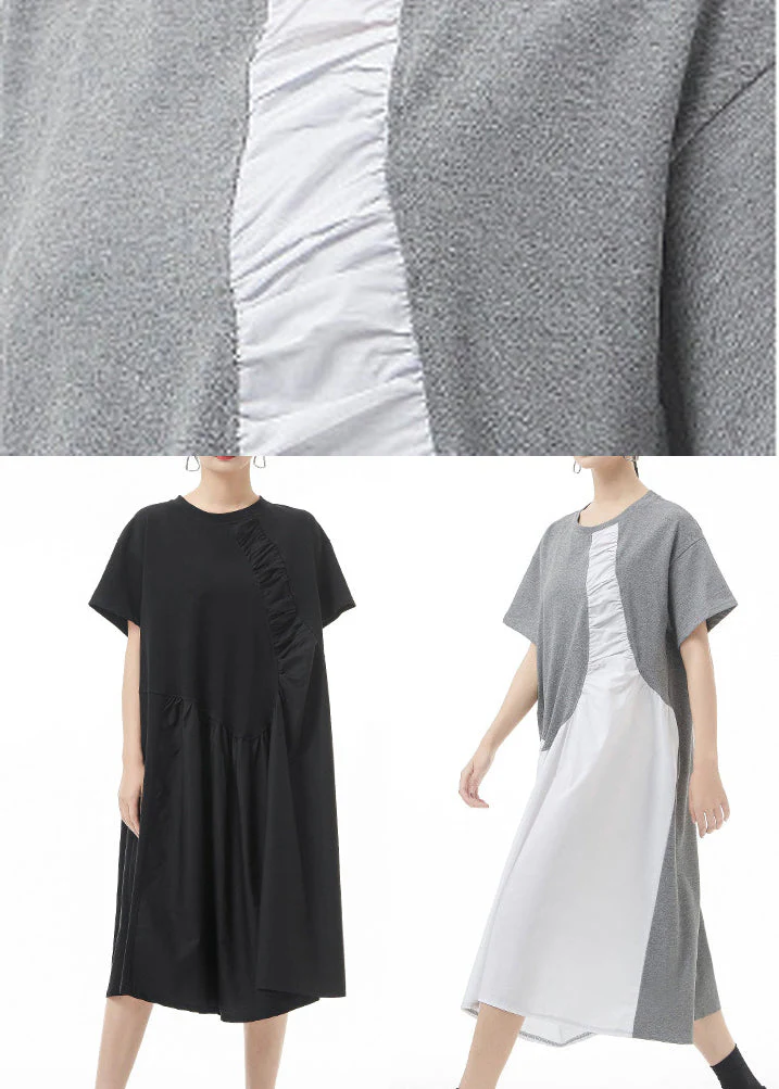 Grey Patchwork Holiday Dress Oversized Short Sleeve - Image 5