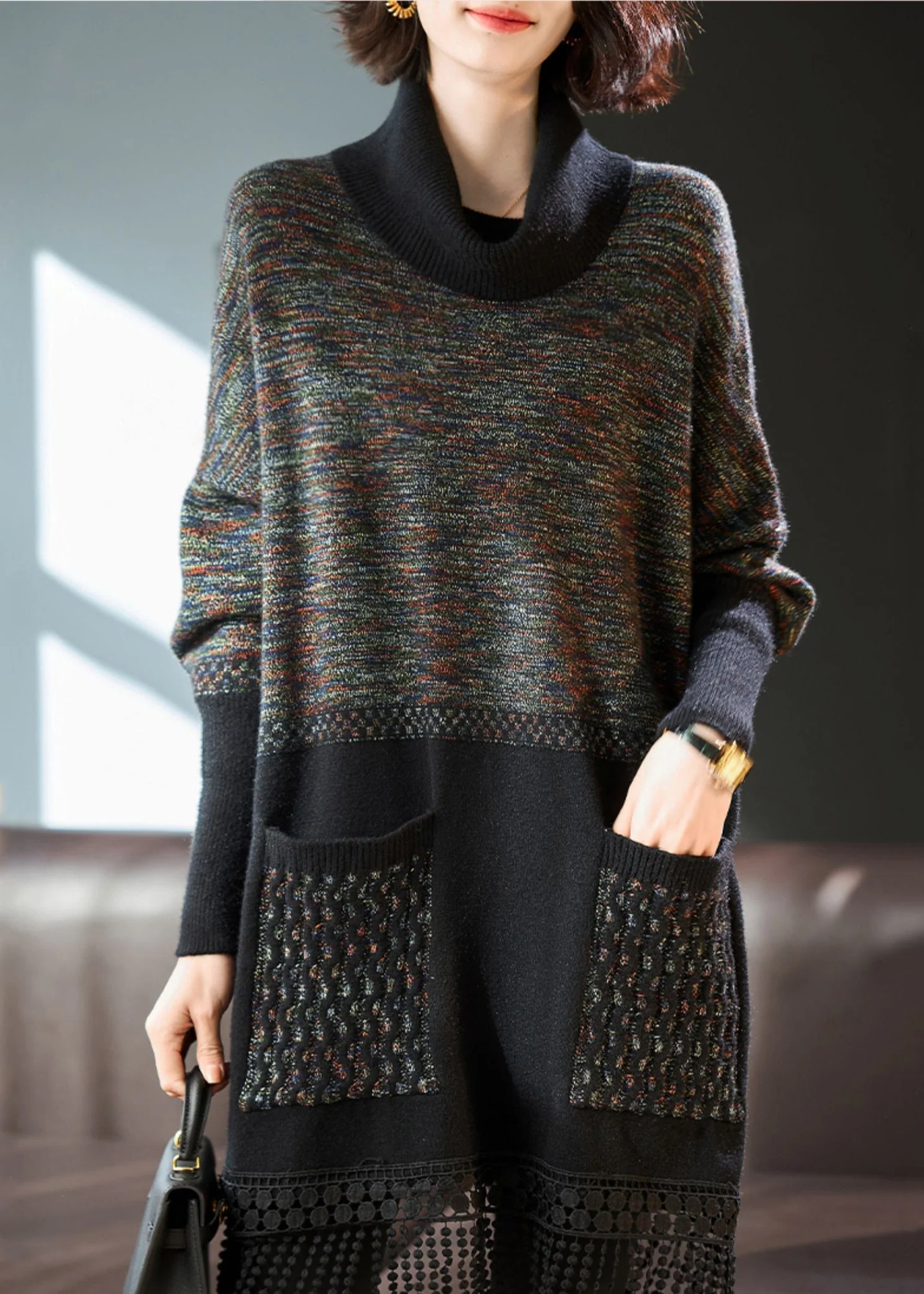 Grey Patchwork Knit Holiday Dress Turtle Neck Tasseled Spring - Image 2