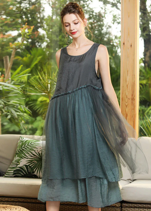 Grey Patchwork Tulle Vacation Dresses Ruffled Sleeveless - Image 2