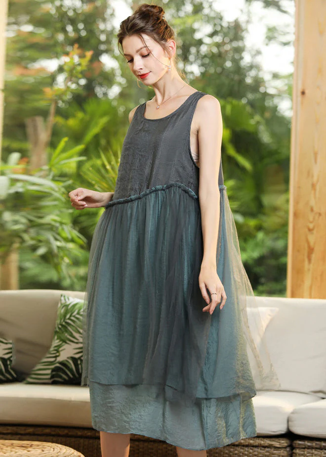 Grey Patchwork Tulle Vacation Dresses Ruffled Sleeveless - Image 3