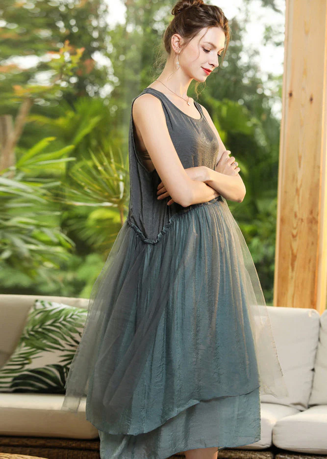 Grey Patchwork Tulle Vacation Dresses Ruffled Sleeveless - Image 4