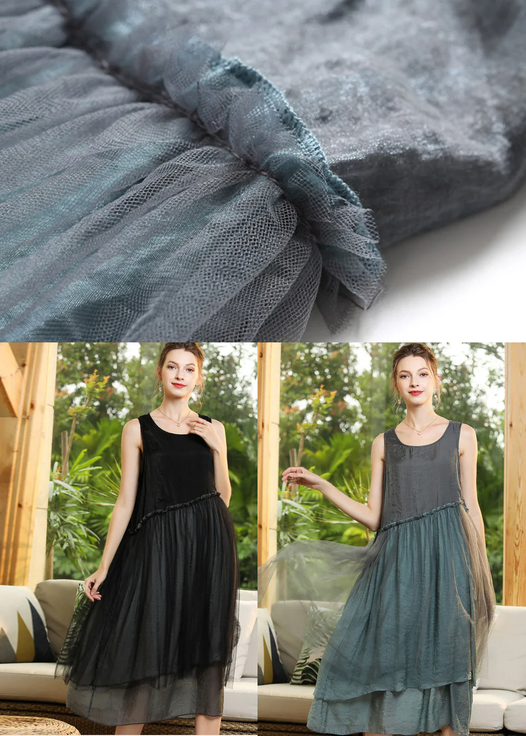 Grey Patchwork Tulle Vacation Dresses Ruffled Sleeveless - Image 5