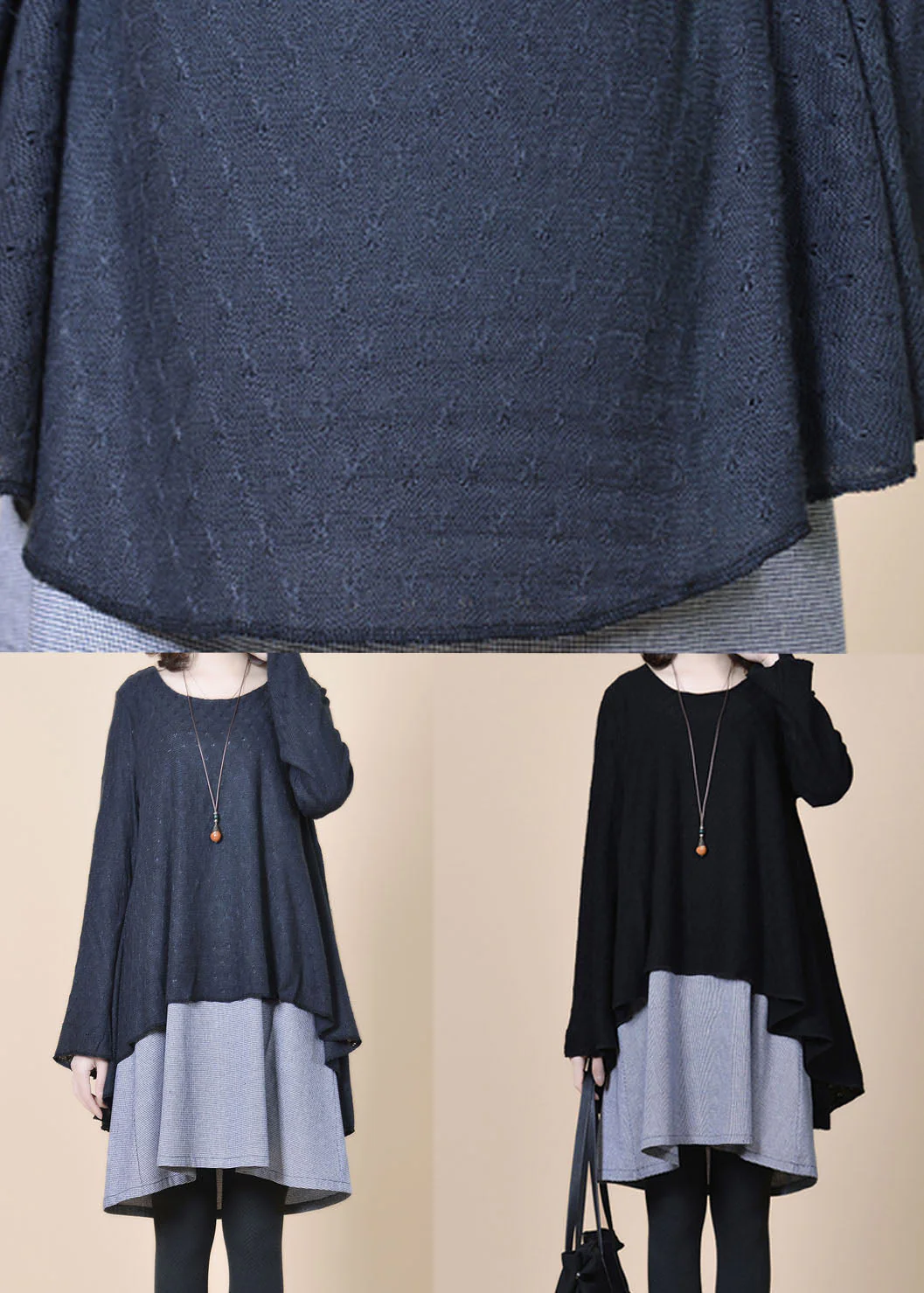 Grey Patchwork Wool Dress False Two Pieces O Neck Spring - Image 4