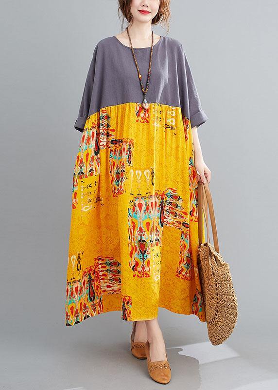 Grey Patchwork Yellow Print O-Neck Pockets Summer Party Dresses - Image 2