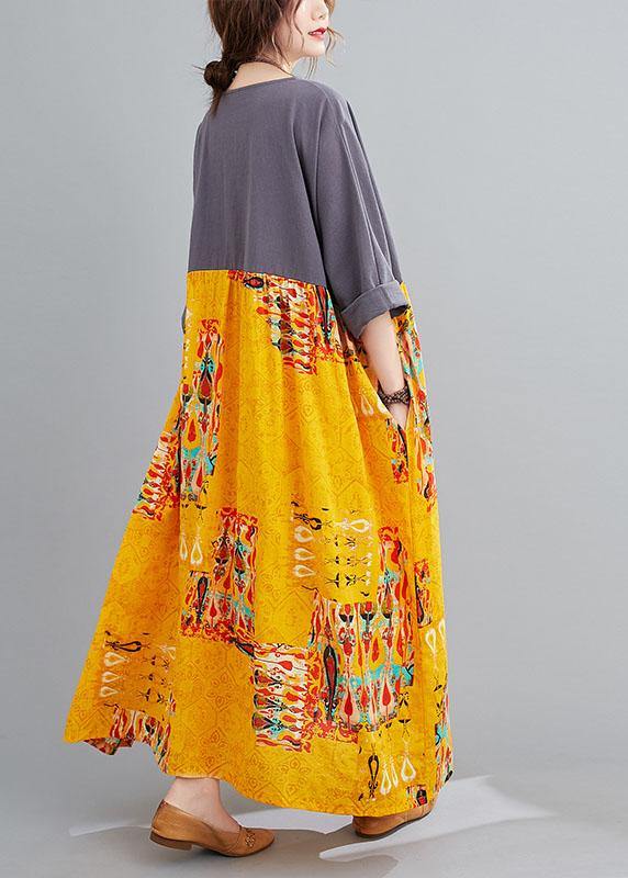 Grey Patchwork Yellow Print O-Neck Pockets Summer Party Dresses - Image 4