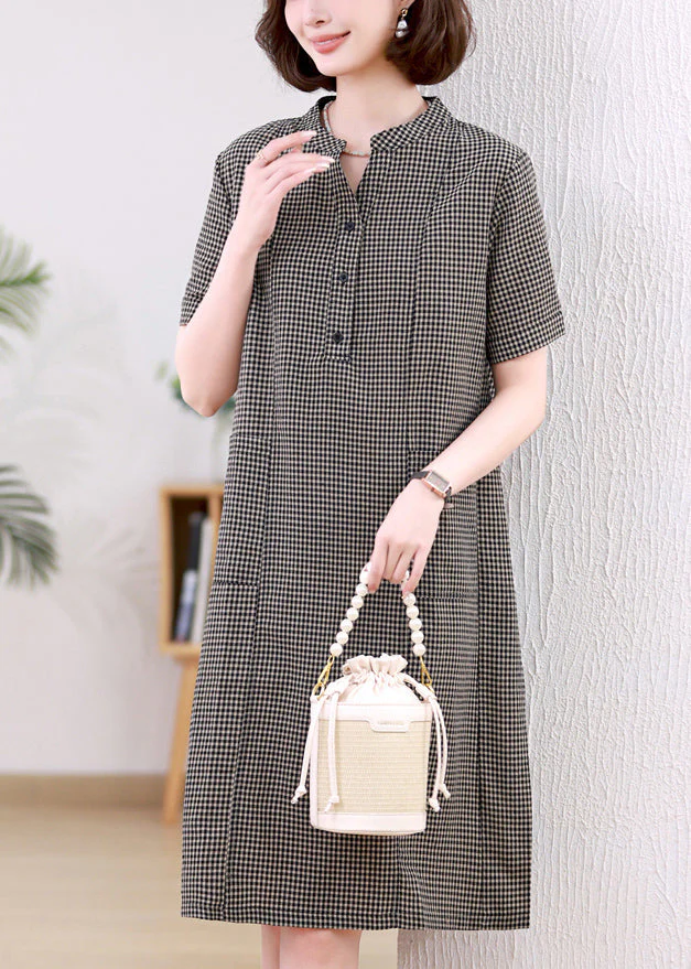 Grey Plaid Linen Mid Dresses Stand Collar Summer - Image 2