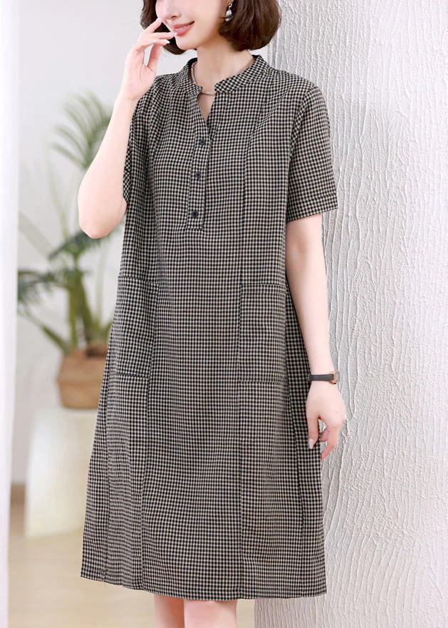 Grey Plaid Linen Mid Dresses Stand Collar Summer - Image 3