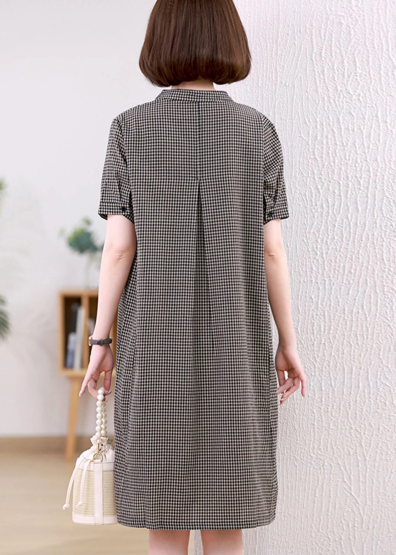 Grey Plaid Linen Mid Dresses Stand Collar Summer - Image 4