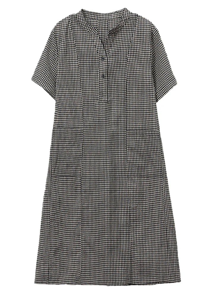 Grey Plaid Linen Mid Dresses Stand Collar Summer - Image 5
