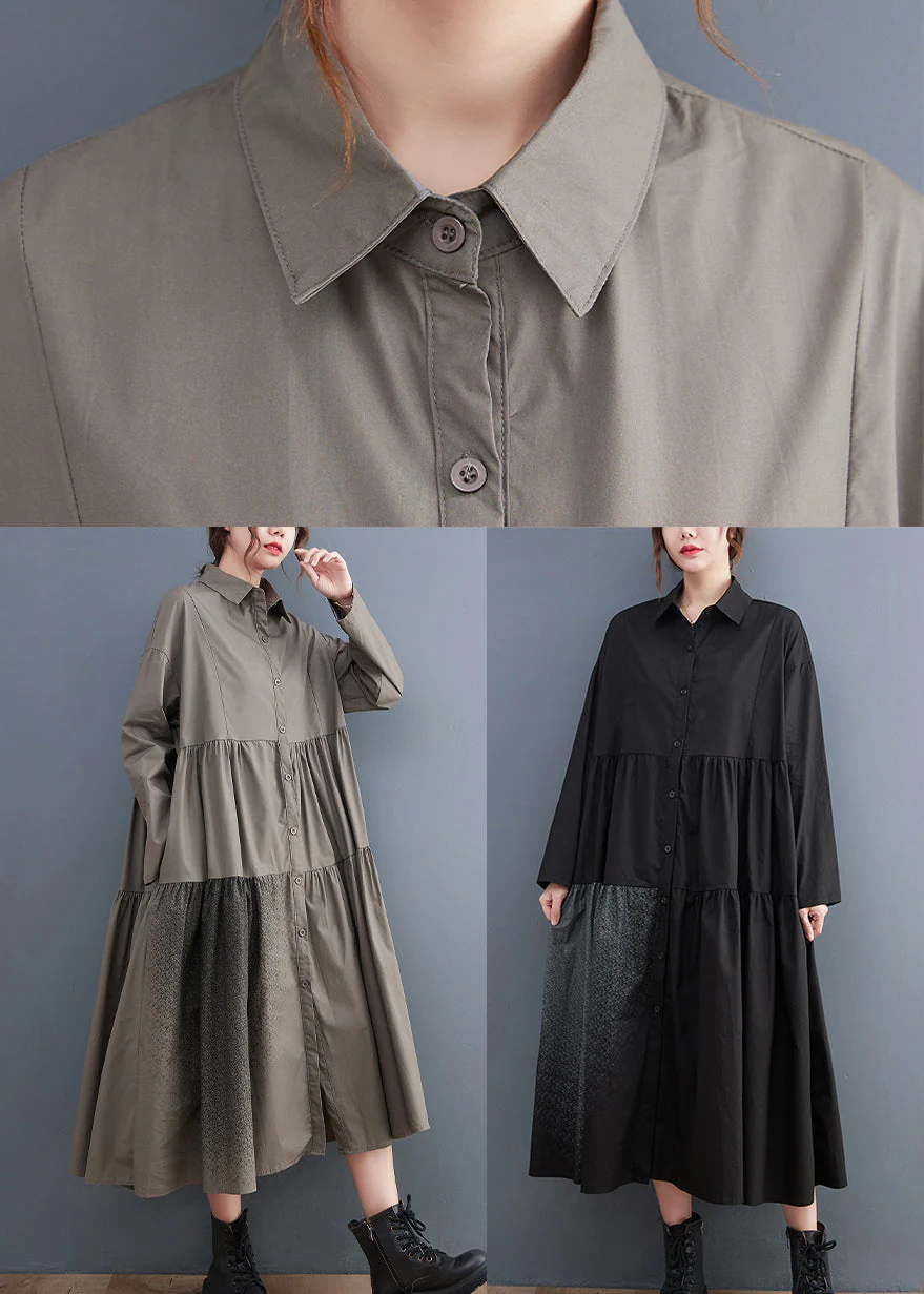 Grey pockets Cotton Shirt Dresses wrinkled Long Sleeve - Image 5