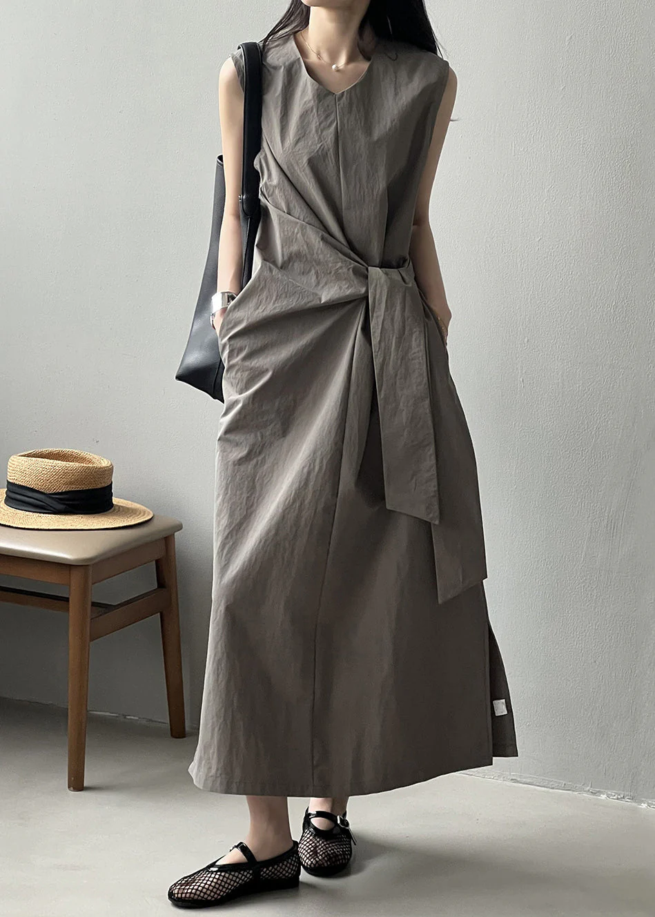 Grey Pockets Original Design Cotton Long Dress V Neck Sleeveless - Image 2