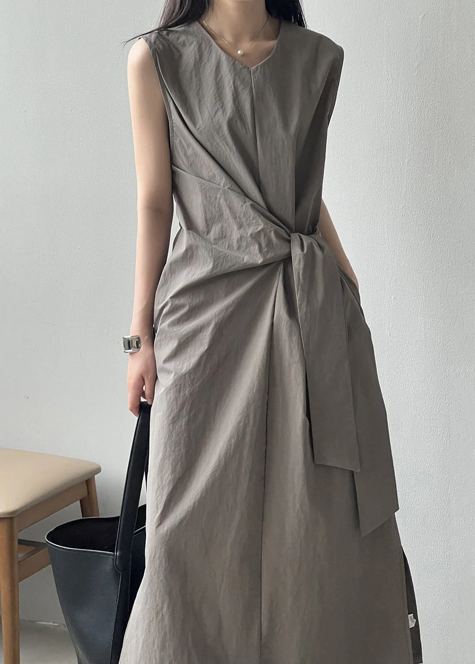 Grey Pockets Original Design Cotton Long Dress V Neck Sleeveless - Image 3